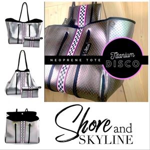 Neoprene Disco Titanium Racer metallic silver TOTE + stripe & black white checks